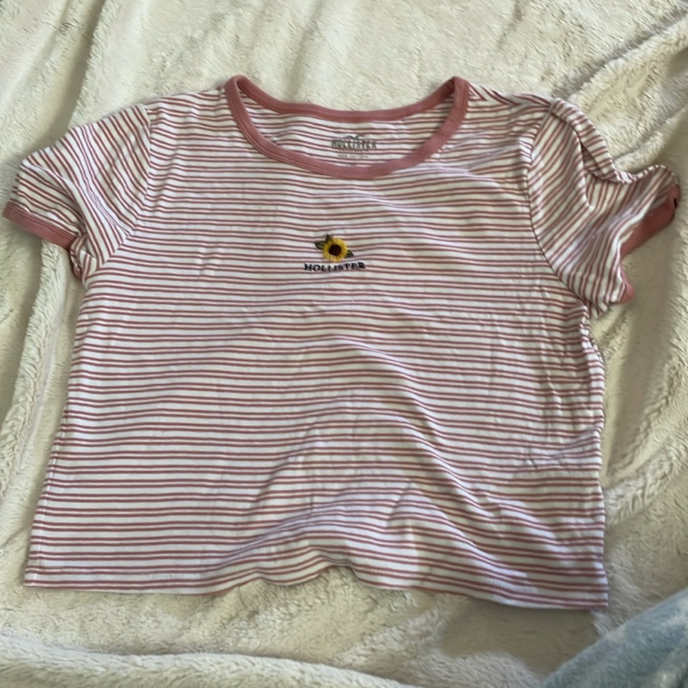 Hollister pink striped flower embroidered crop top